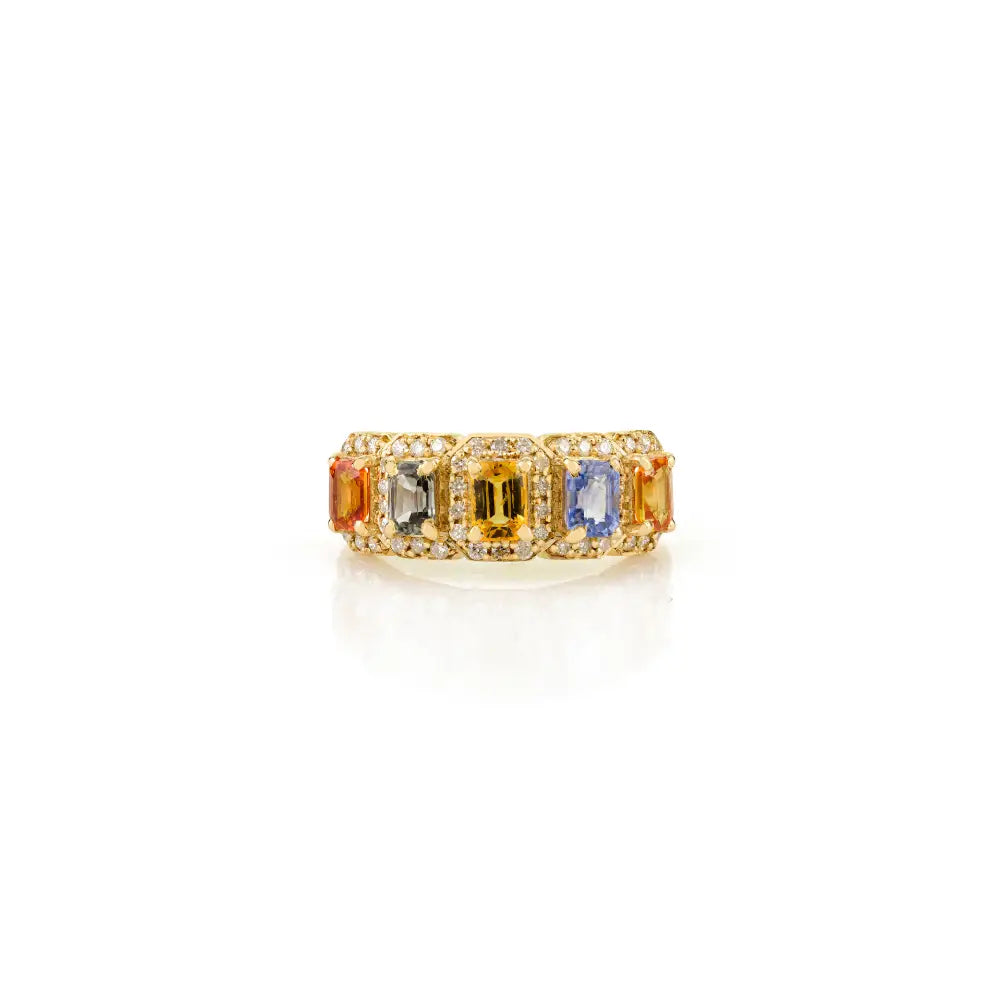 14K Yellow Gold Colorful Multi Sapphire & Diamond Half Eternity Band Ring Women's Jewelry
