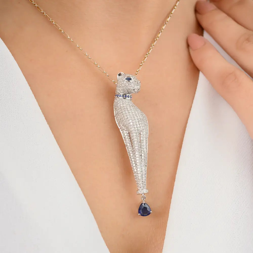 18K White Gold Natural Blue Sapphire & Diamond Panther Shape Pendant Brooch Animal Jewelry