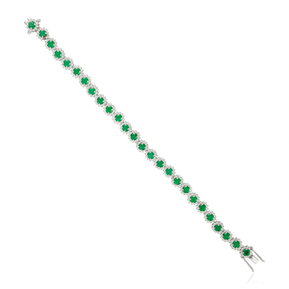 Unique Design Handmade Real Emerald & American Diamond Round Flower Bracelet 925 Sterling Silver