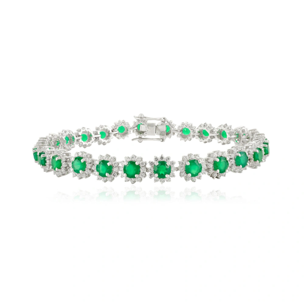 Unique Design Handmade Real Emerald & American Diamond Round Flower Bracelet 925 Sterling Silver