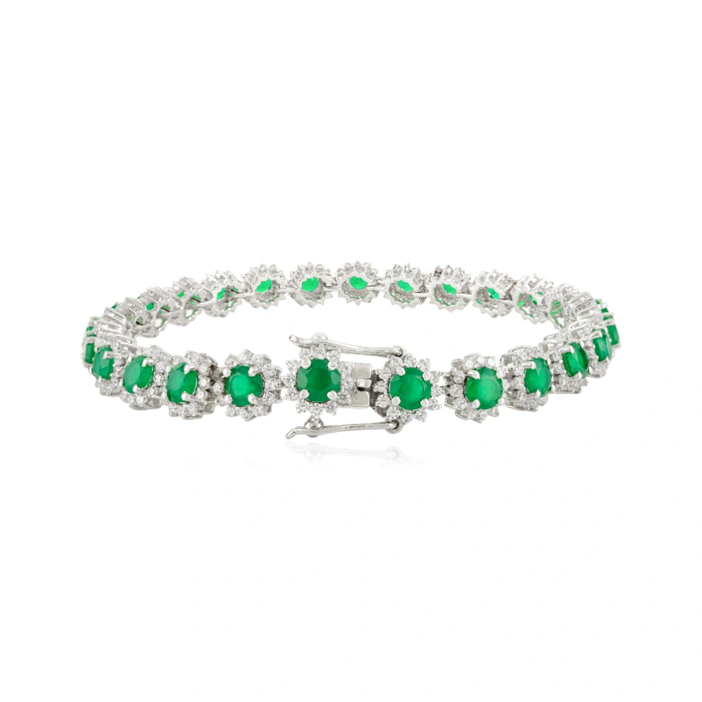 Unique Design Handmade Real Emerald & American Diamond Round Flower Bracelet 925 Sterling Silver