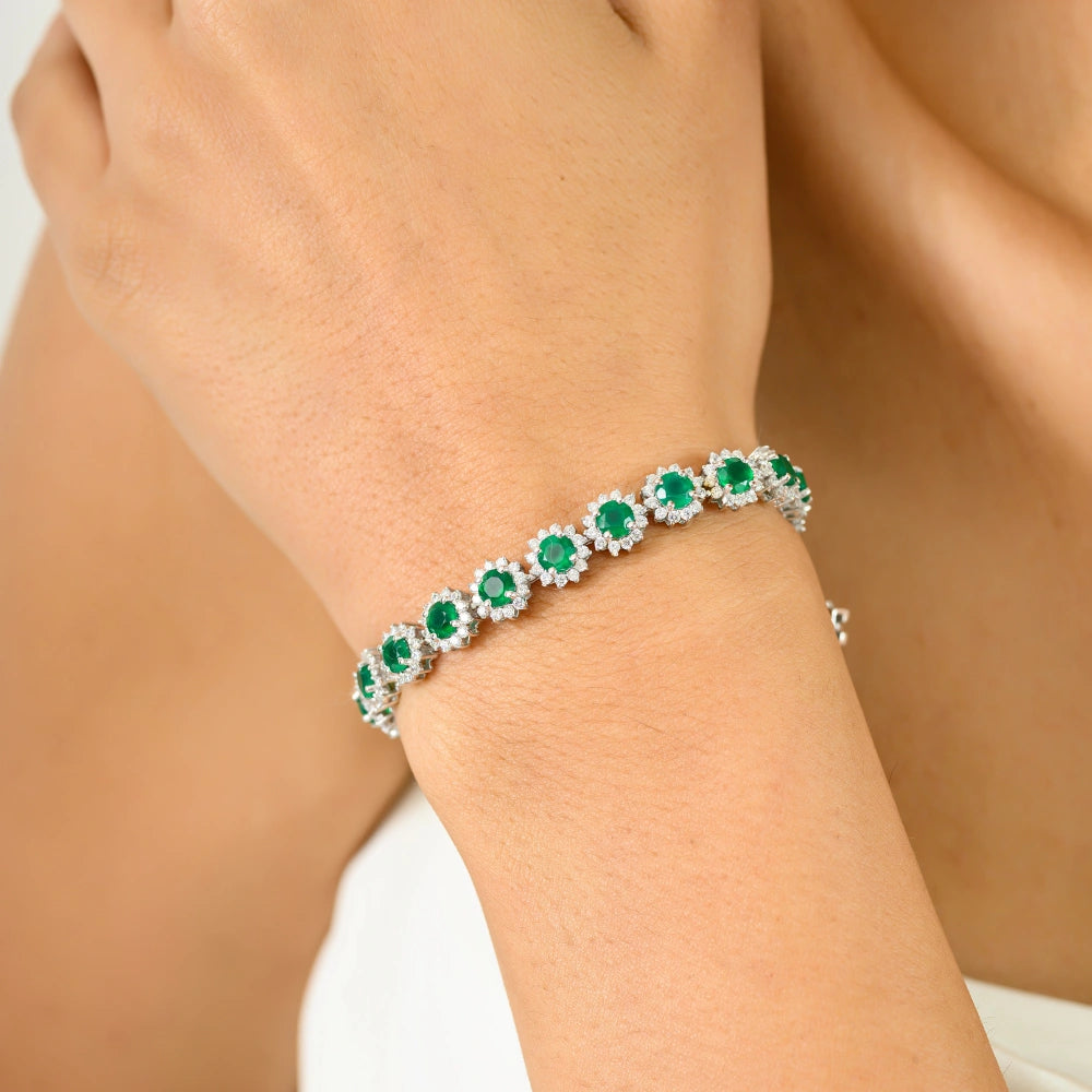 Unique Design Handmade Real Emerald & American Diamond Round Flower Bracelet 925 Sterling Silver