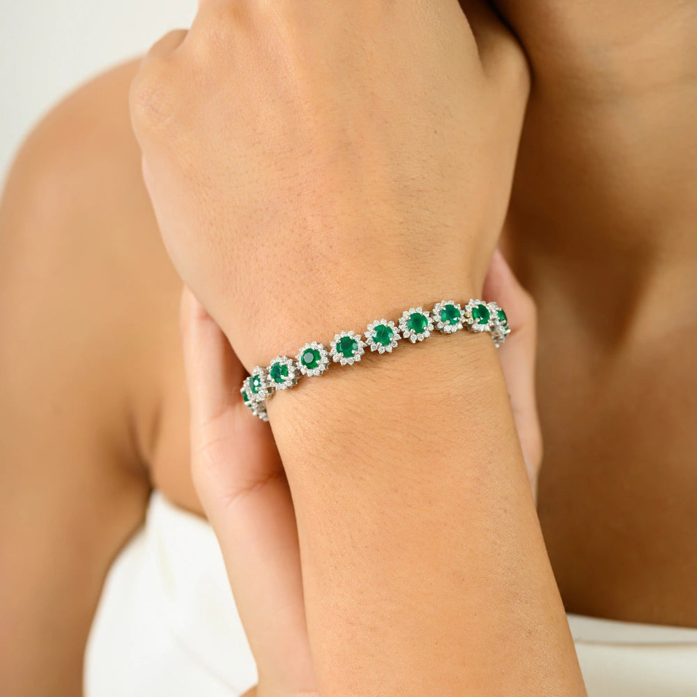 Unique Design Handmade Real Emerald & American Diamond Round Flower Bracelet 925 Sterling Silver