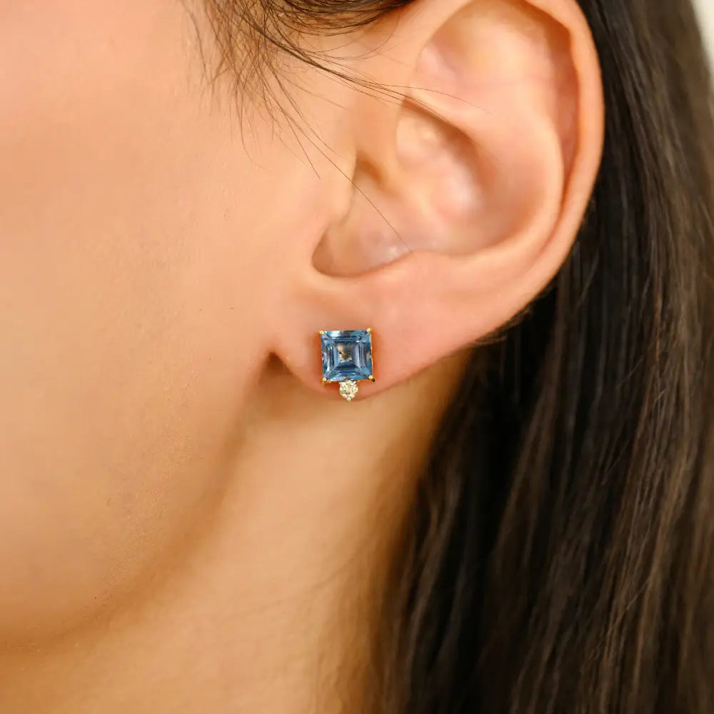 3 Pcs Ring Earrings & Pendant Genuine Blue Topaz & Diamond Jewelry Set 18K Yellow Gold