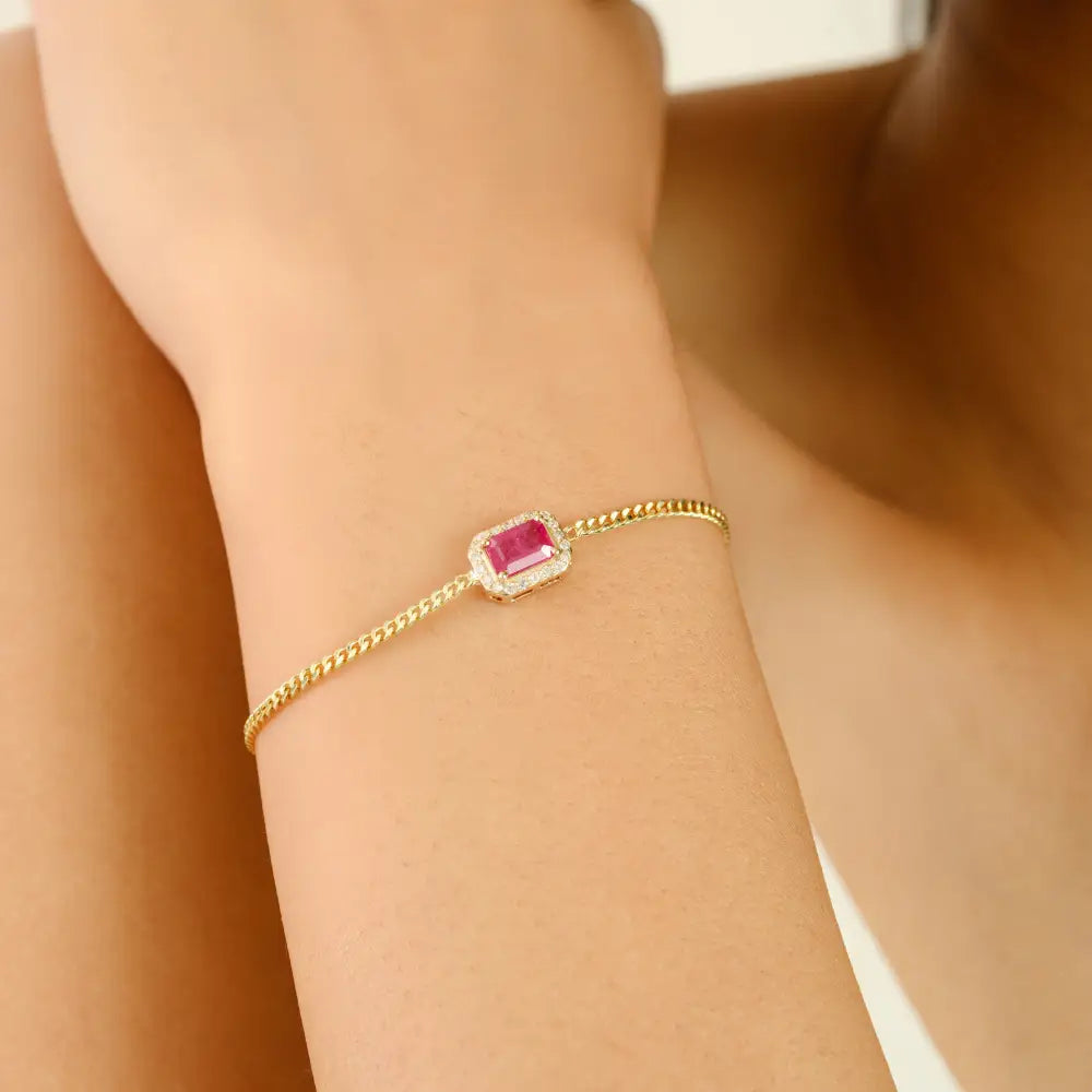Octagon Cut Ruby & Diamond Curb Link Chain Halo Bracelet 14K Solid Yellow Gold Jewelry