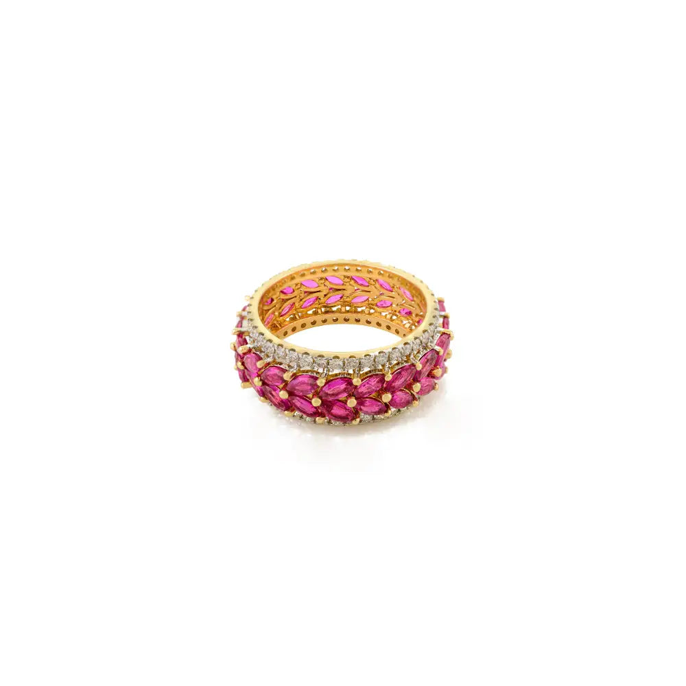 100% Authentic Ruby & Diamond Real 14K Yellow Gold Wedding Band Ring Women Jewelry