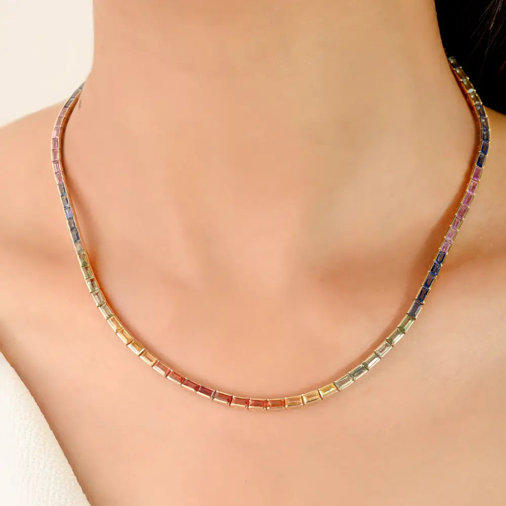 Colorful Gemstone Multi Sapphire Half Bezel Set Stack Tennis Necklace Real K14 Yellow Gold