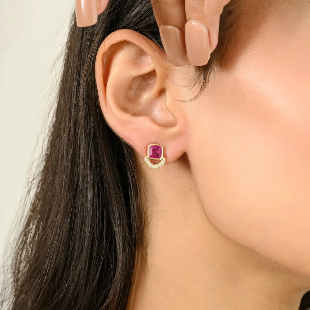 100% Authentic Genuine Ruby & Diamond Stud Earrings Birthday Gift For Her Custom Jewelry