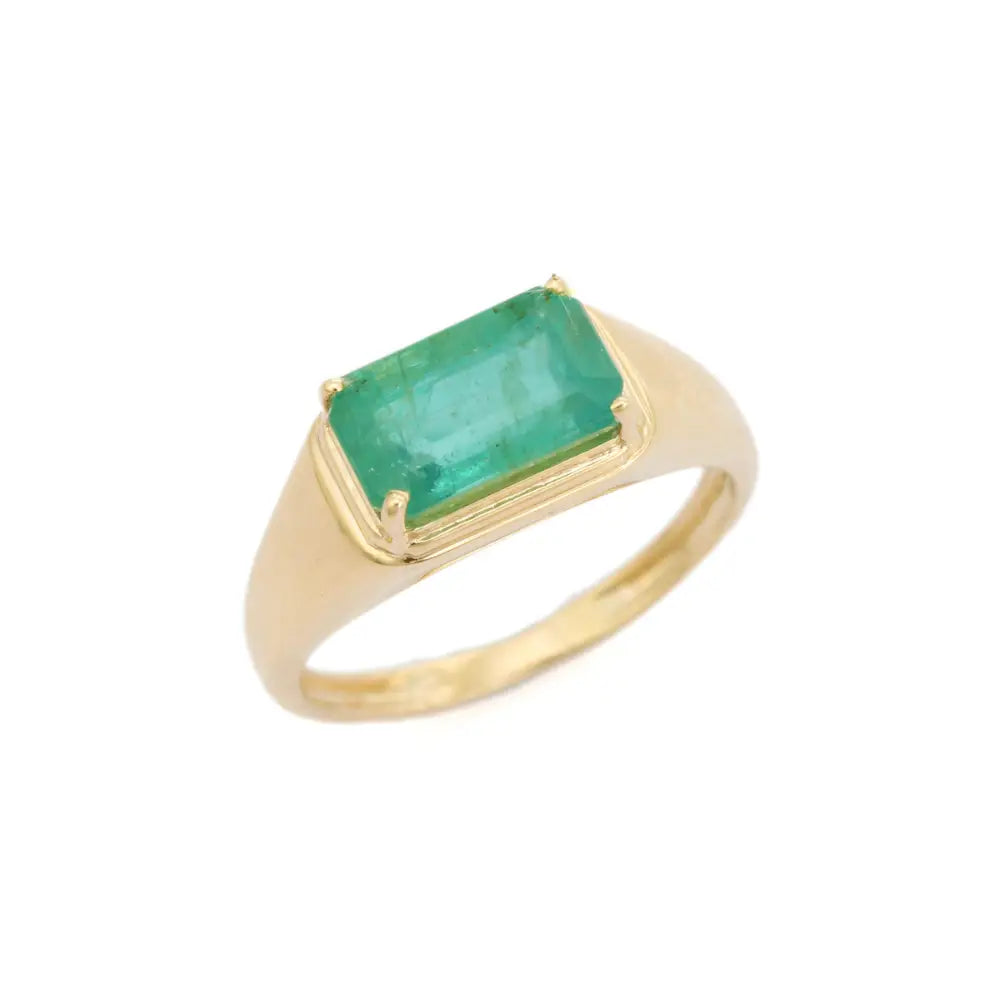Prong Set Emerald Signet East West Ring Statement Unisex Jewelry 14K Solid Yellow Gold