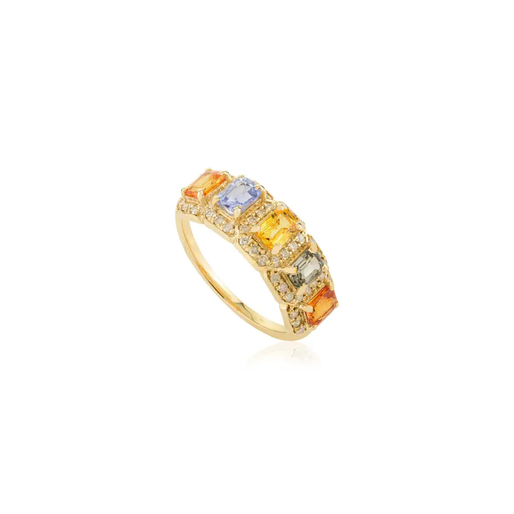 14K Yellow Gold Colorful Multi Sapphire & Diamond Half Eternity Band Ring Women's Jewelry
