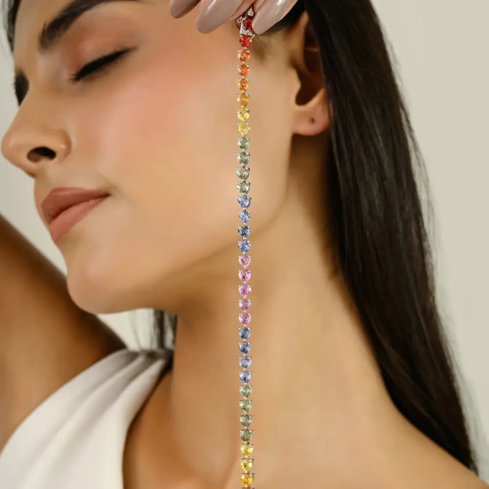 Heart Shape Rainbow Multi Sapphire 14K Solid White Gold Tennis Bracelet Stackable Jewelry