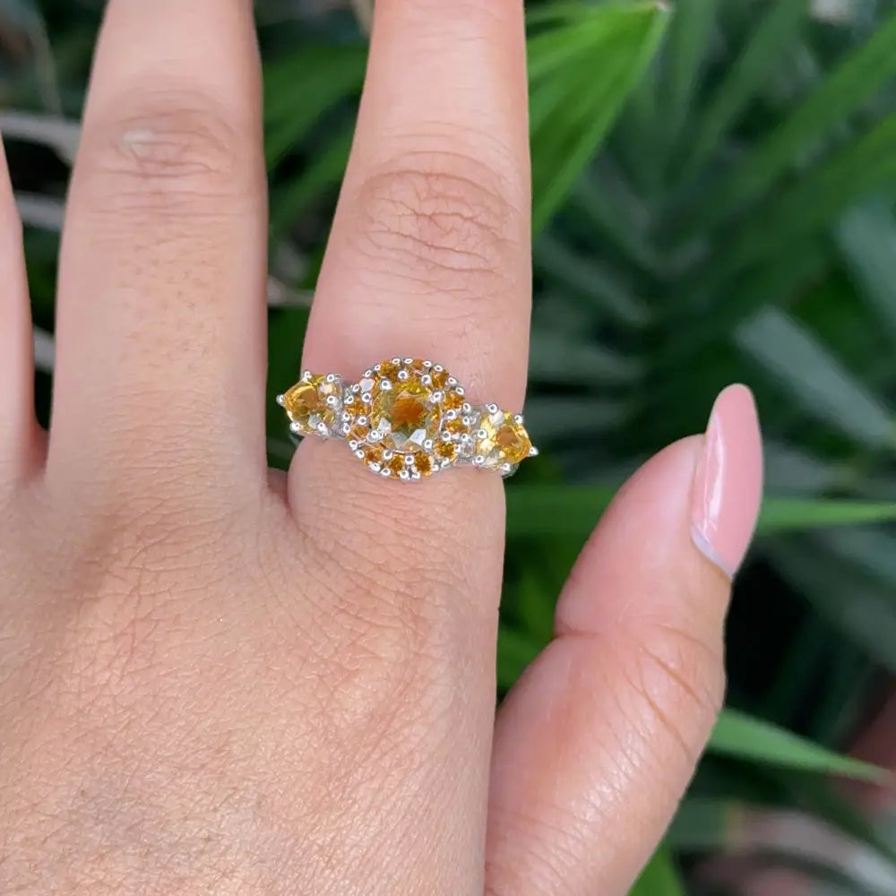 November Birthstone Genuine Citrine Prong Setting Cluster Ring For Women Pure 925 Sterling Silver