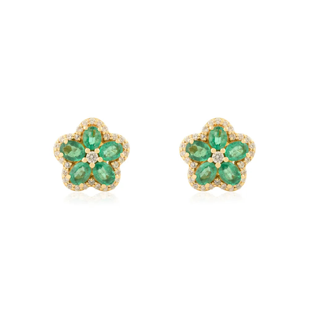 Unique Trending Natural Emerald & Diamond 14K Solid Gold Flower Stud Earrings For Women