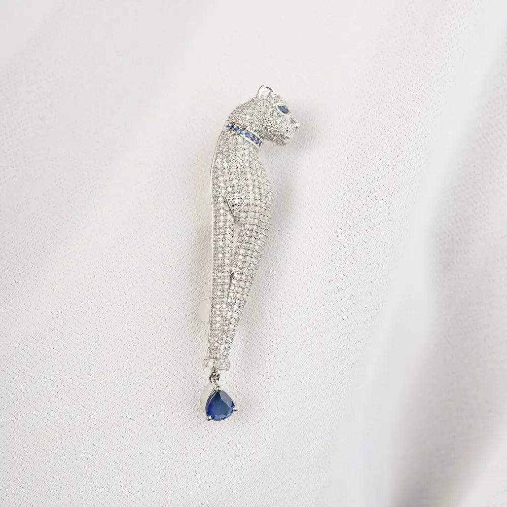 18K White Gold Natural Blue Sapphire & Diamond Panther Shape Pendant Brooch Animal Jewelry