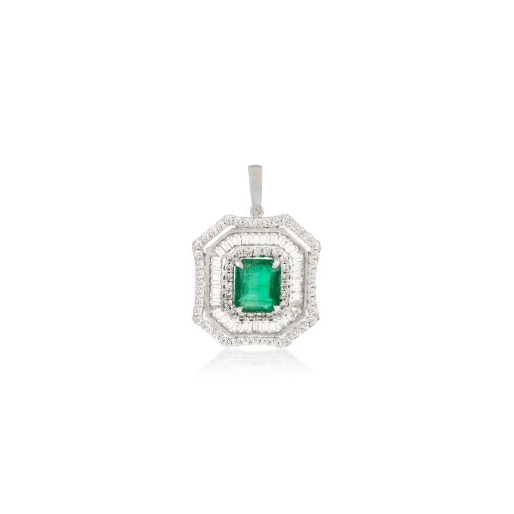 K18 White Gold Natural Zambian Emerald & Diamond Halo Statement Pendant Bold Sparkle Jewelry