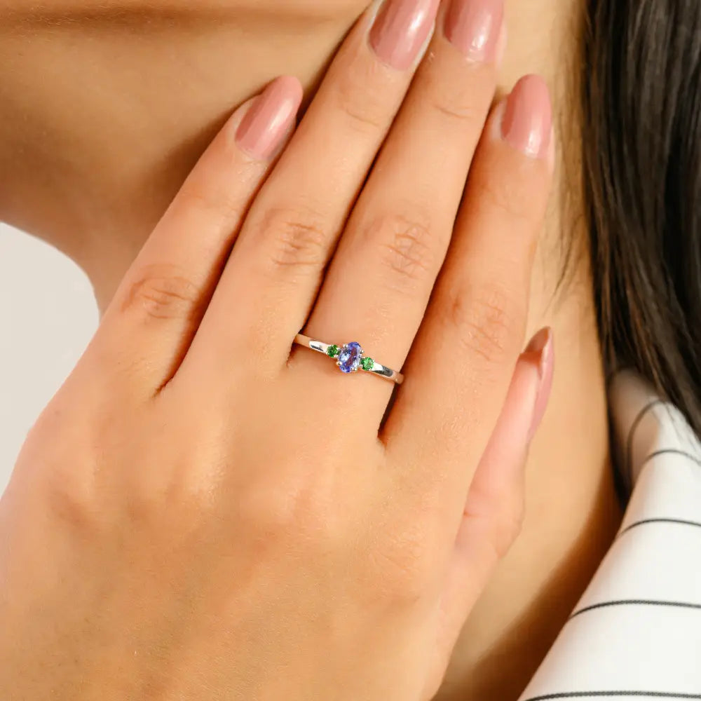 Dainty Minimalist Tanzanite & Tsavorite Three Stone Ring Solid K14 White Gold Everyday Jewelry