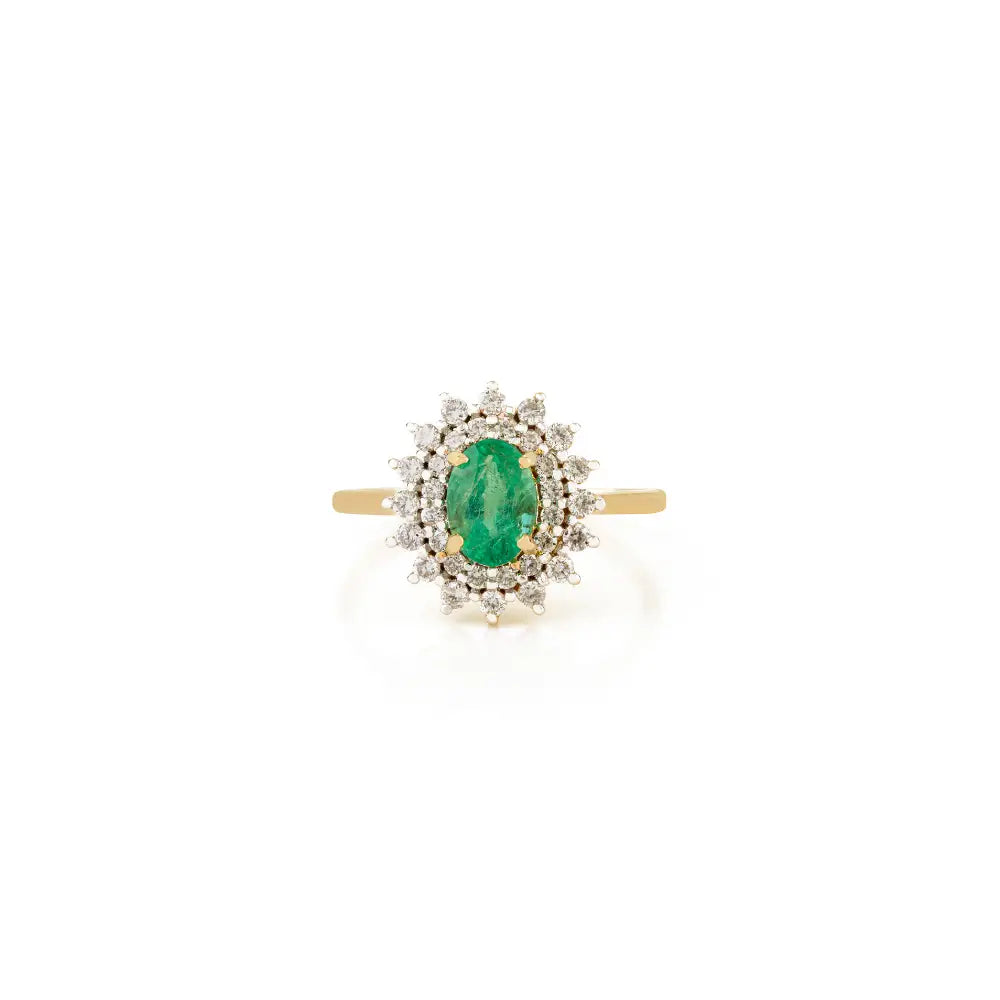Best Selling Emerald & Diamond Double Cluster Ring Real 18K Yellow Gold Engagement Jewelry