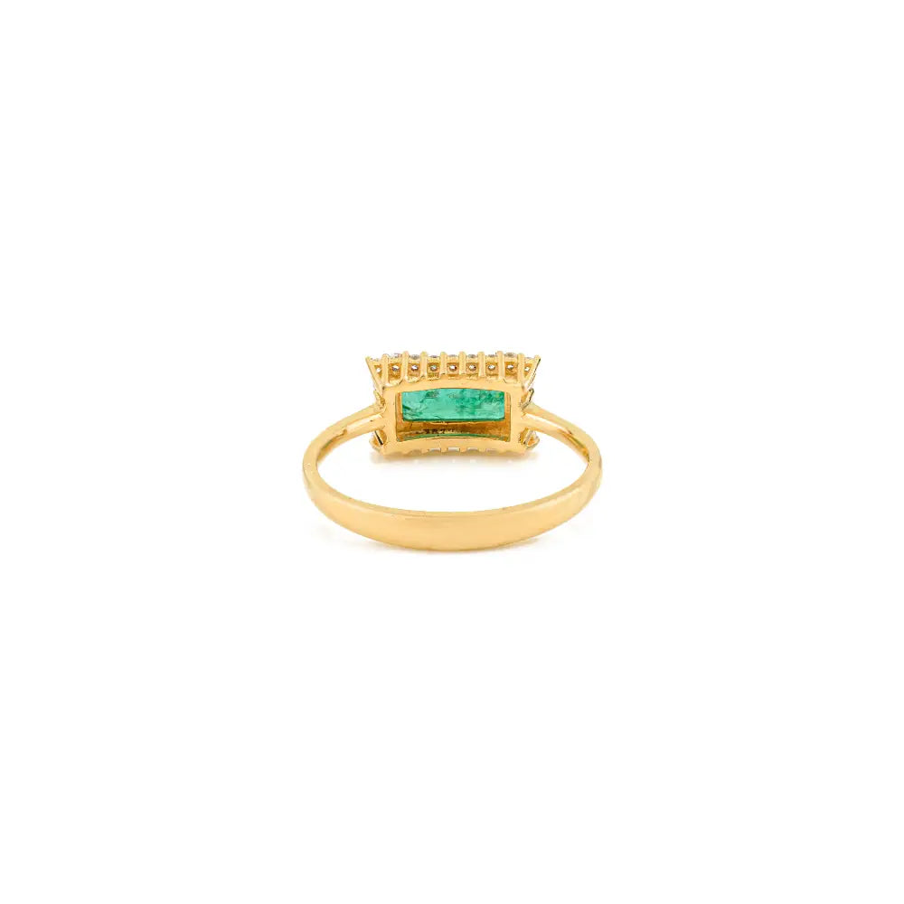 Horizontal Emerald & Diamond Halo Engagement Ring Solid K14 Yellow Gold Women Jewelry