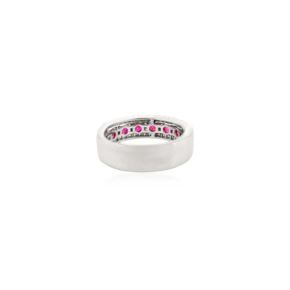 3mm Round Cut Ruby & Diamond Statement Half Eternity Band Ring Pure K14 White Gold Jewelry