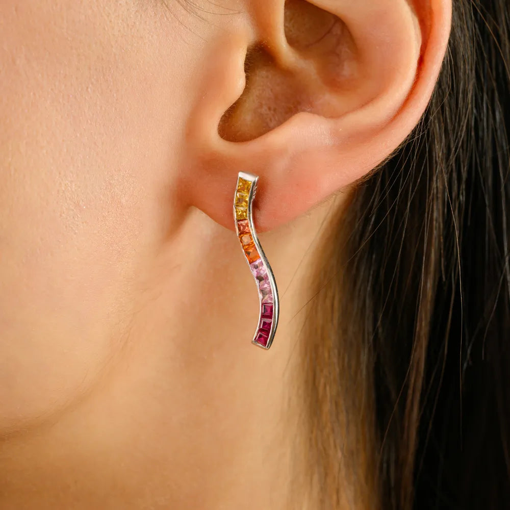 Latest Design Multi Sapphire & Ruby Wave Shape Dangle Earrings Real 14K White Gold
