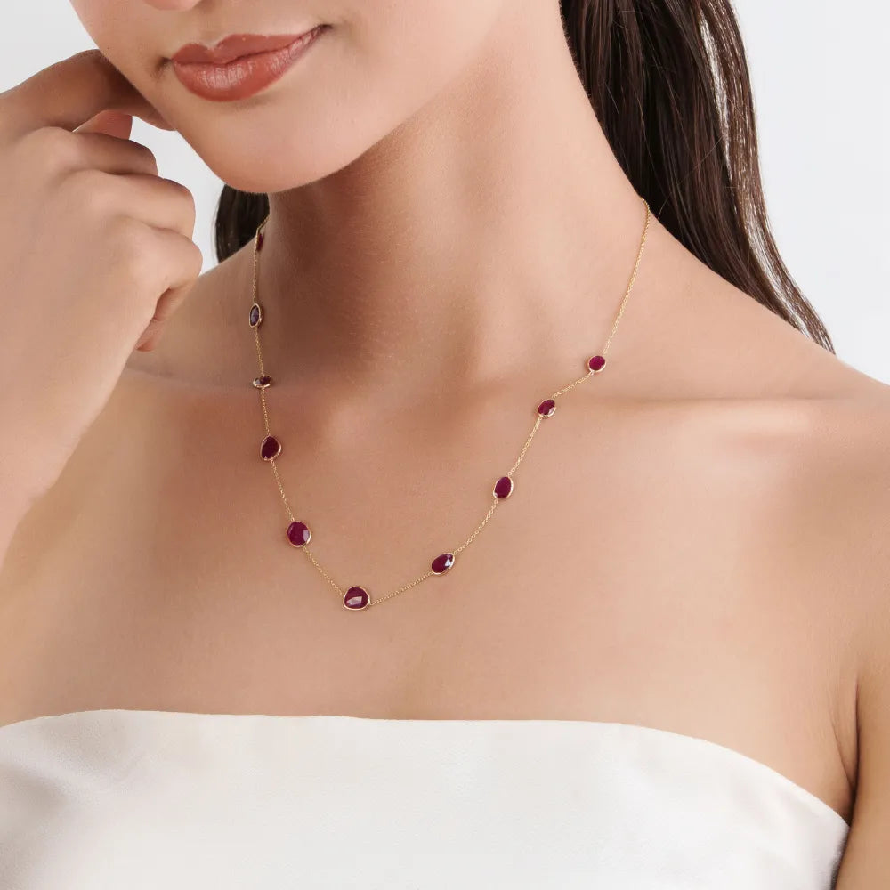 100% Natural Uneven Cut Ruby Gemstone Station Chain Necklace Wholesale 14K Yellow Gold Bulk Jewelry