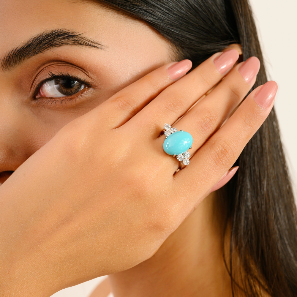 Pure 925 Sterling Silver Jewelry 100% Natural Turquoise & American Diamond Gemstone Ring For Women