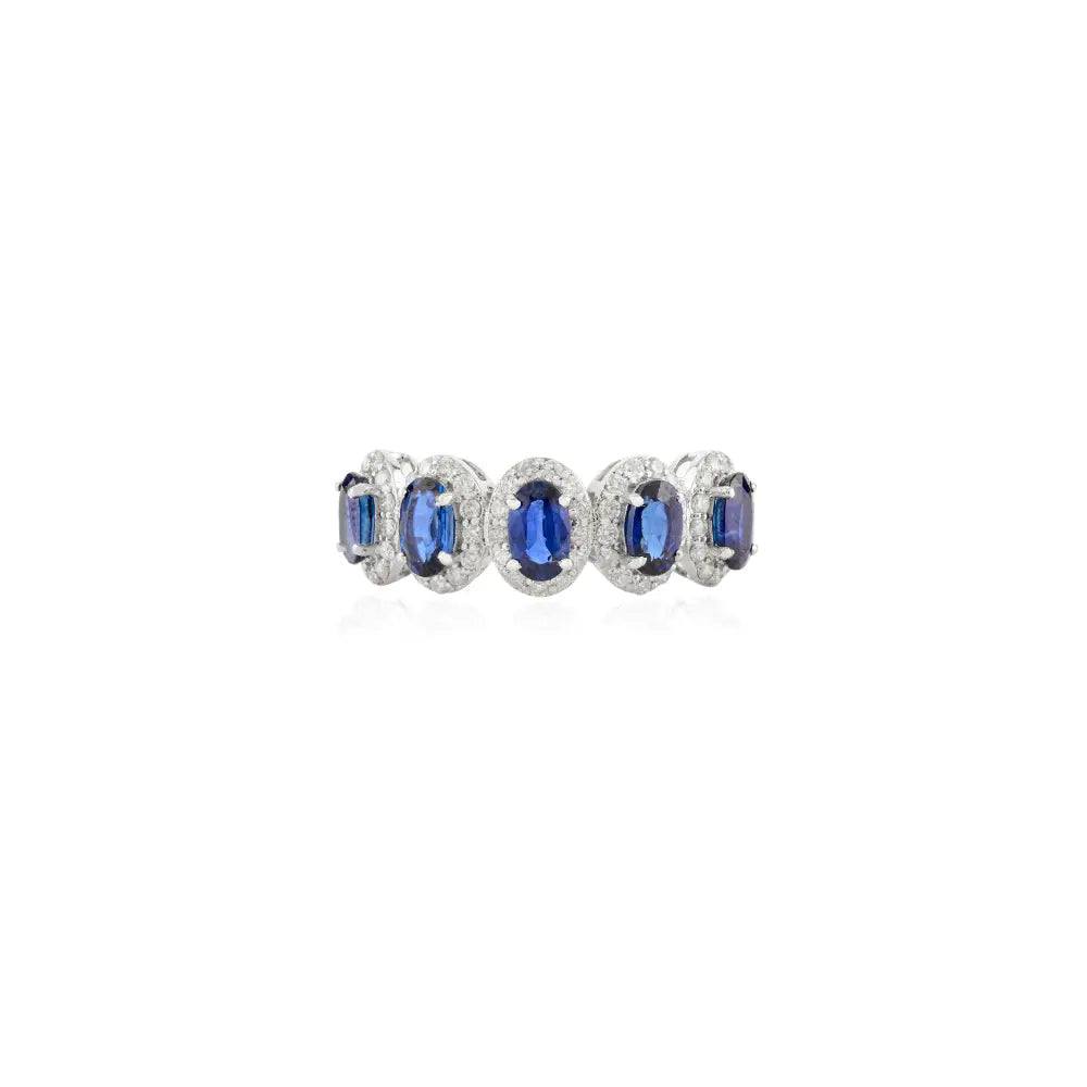 Natural Oval Blue Sapphire & Round Diamond Halo Half Eternity Band Ring 14K White Gold