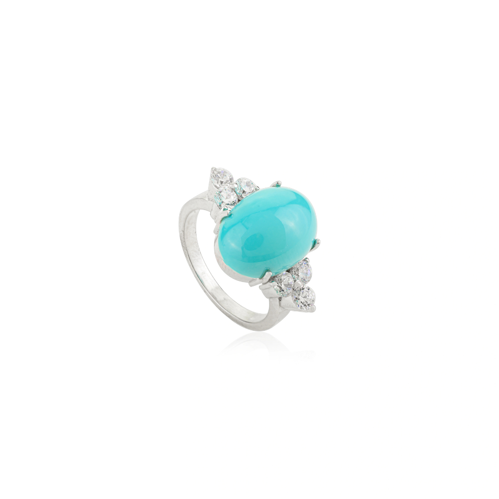 Pure 925 Sterling Silver Jewelry 100% Natural Turquoise & American Diamond Gemstone Ring For Women