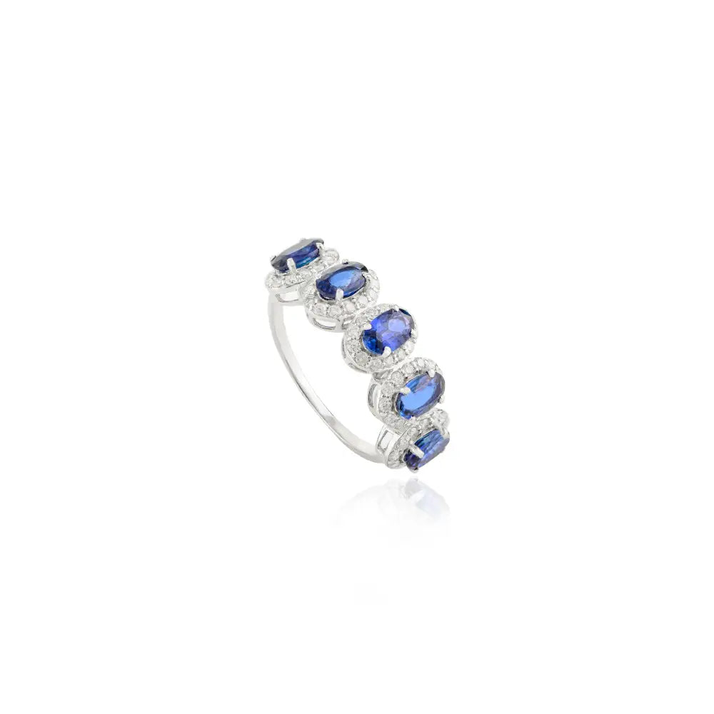 Natural Oval Blue Sapphire & Round Diamond Halo Half Eternity Band Ring 14K White Gold
