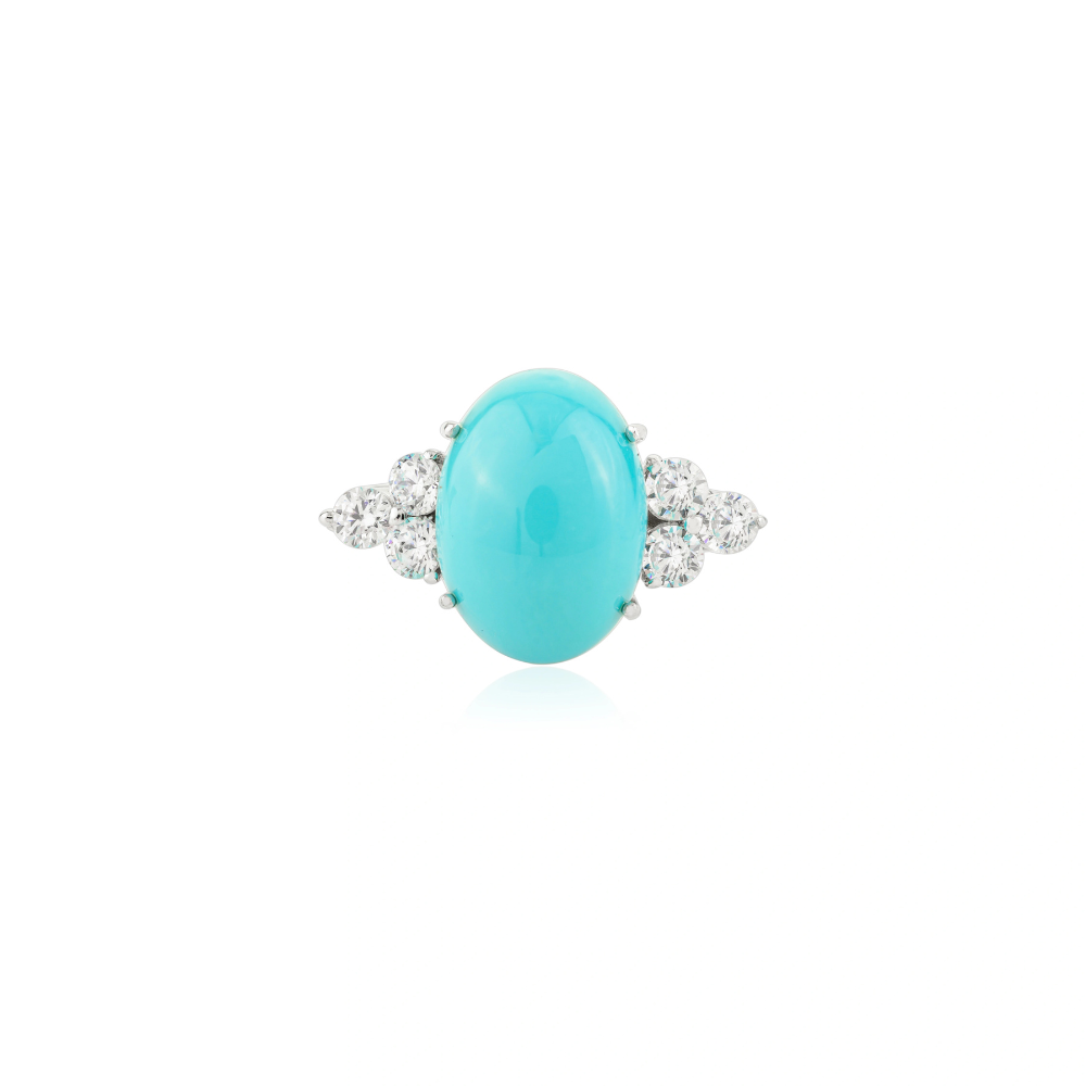 Pure 925 Sterling Silver Jewelry 100% Natural Turquoise & American Diamond Gemstone Ring For Women