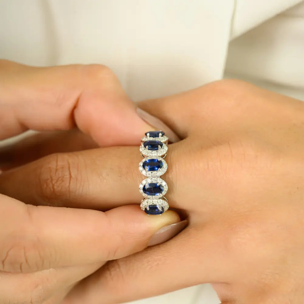 Natural Oval Blue Sapphire & Round Diamond Halo Half Eternity Band Ring 14K White Gold