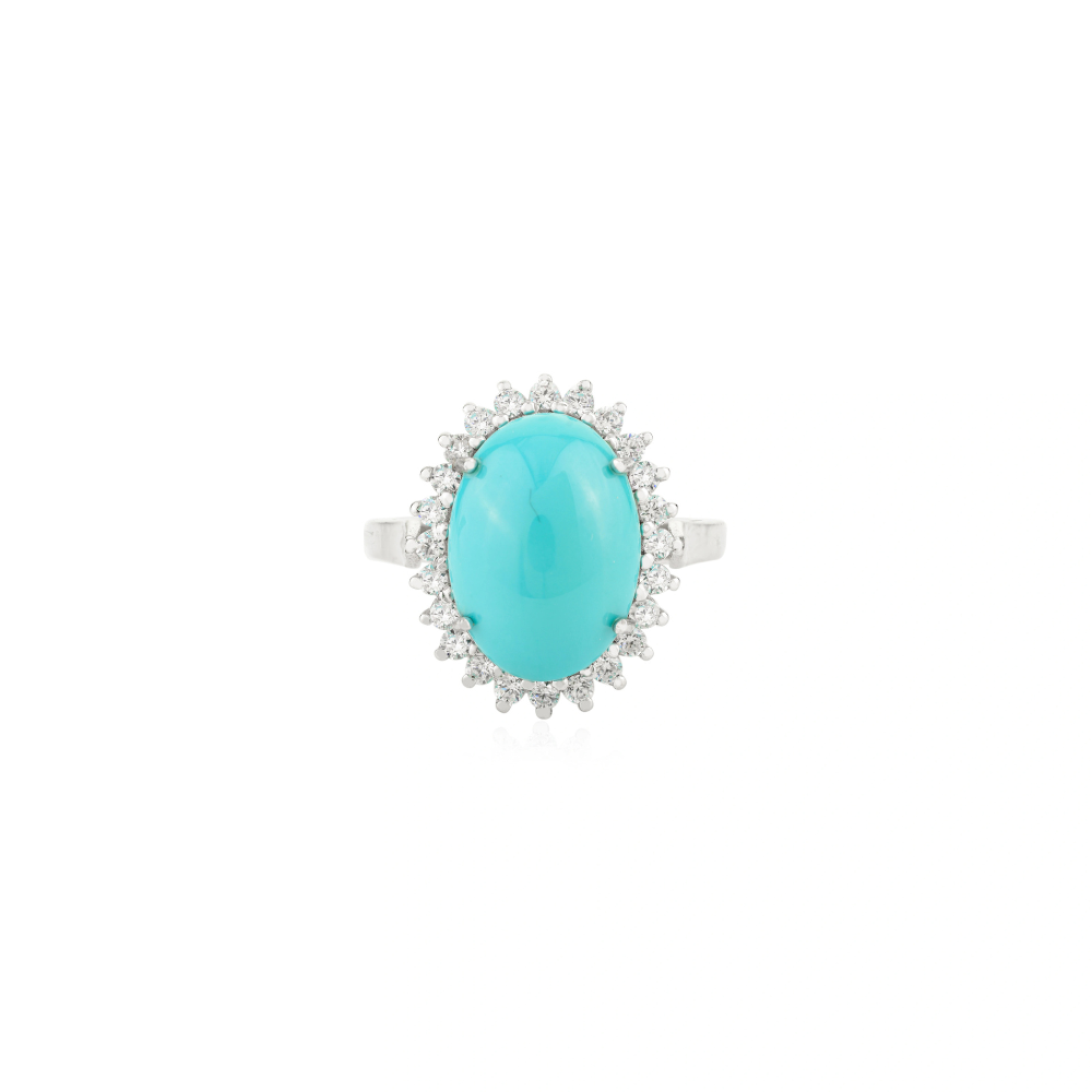 December Birthstone Genuine Turquoise & American Diamond Cluster Ring High Grade Jewelry