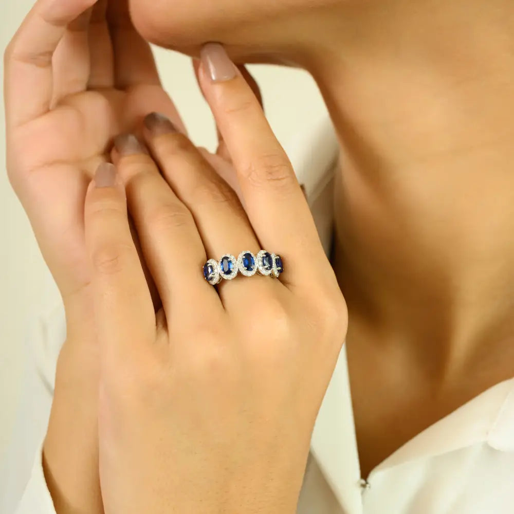 Natural Oval Blue Sapphire & Round Diamond Halo Half Eternity Band Ring 14K White Gold