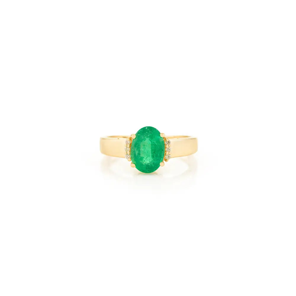 Real 14K Yellow Gold Oval Shape Emerald & Round Cut Diamond Gemstone Ring Fine Jewelry
