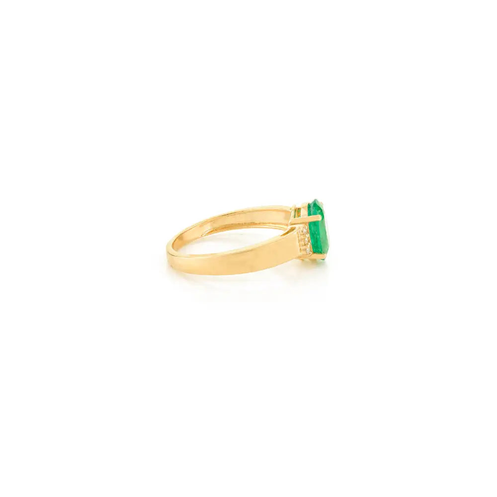 Real 14K Yellow Gold Oval Shape Emerald & Round Cut Diamond Gemstone Ring Fine Jewelry