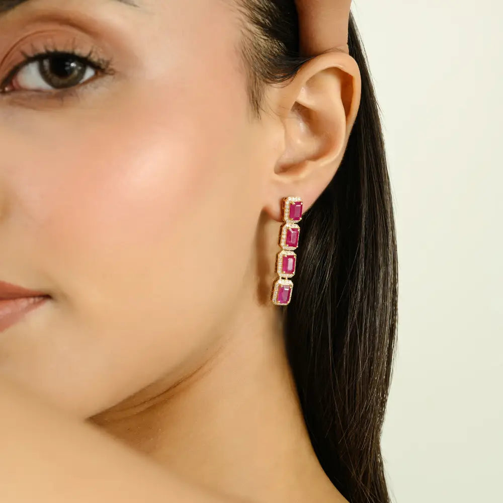 Bold Jewelry 14K Yellow Gold Ruby & Diamond Long Statement Dangle Earrings For Wedding