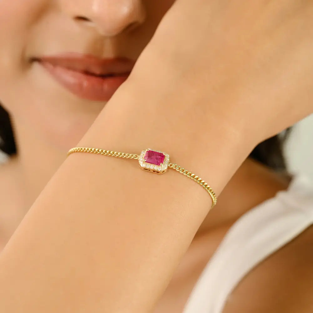 Octagon Cut Ruby & Diamond Curb Link Chain Halo Bracelet 14K Solid Yellow Gold Jewelry