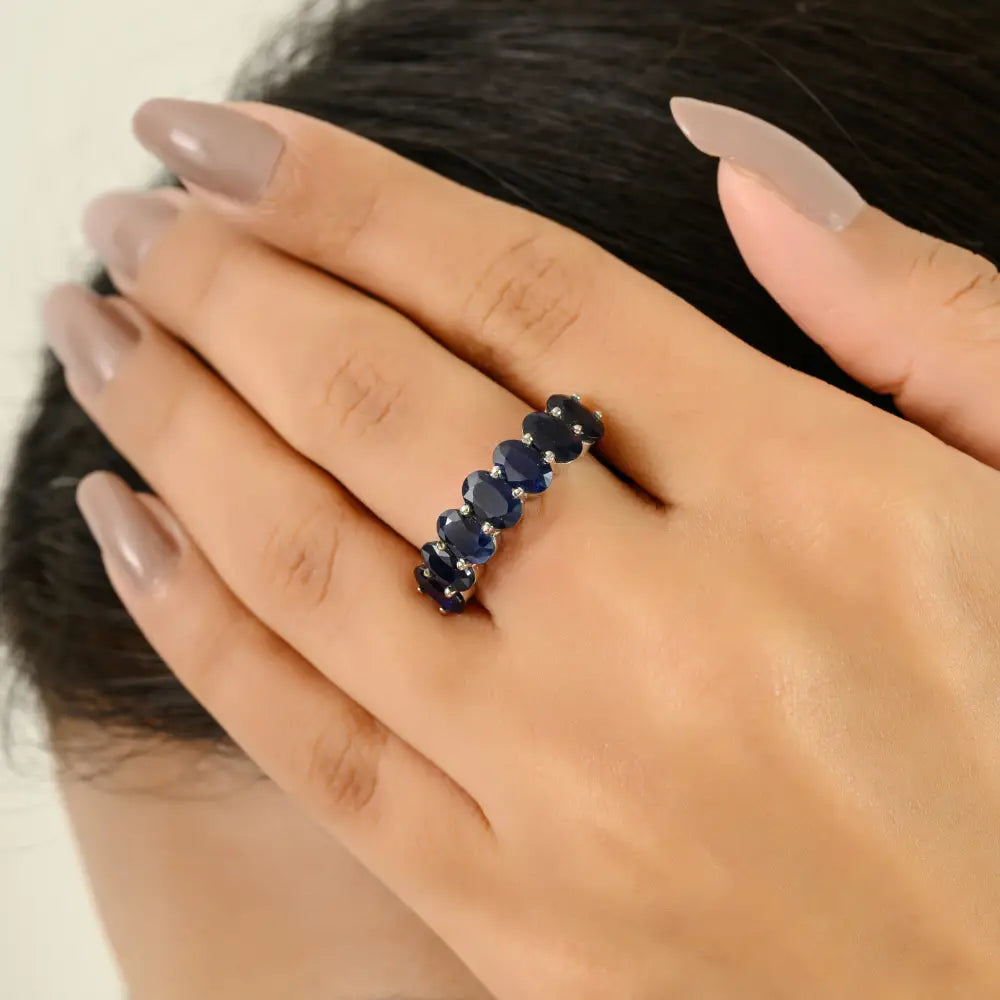 Oval Cut Blue Sapphire Half Eternity Band Ring For Unisex Custom 14K Gold Everyday Jewelry