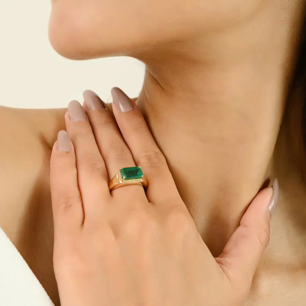 Prong Set Emerald Signet East West Ring Statement Unisex Jewelry 14K Solid Yellow Gold