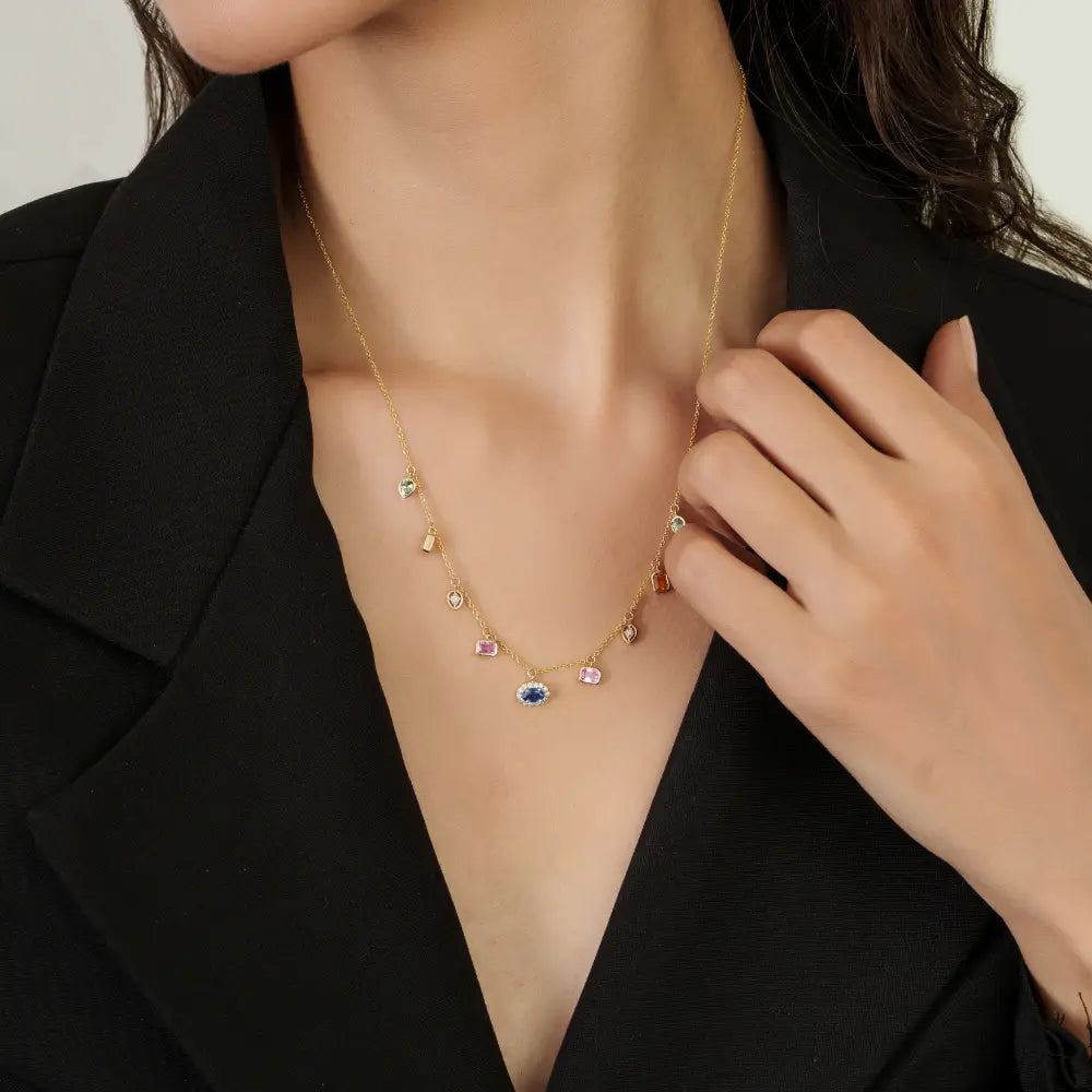Colorful Gemstone Multi Sapphire & Diamond 14K Solid Yellow Gold Charm Chain Necklace