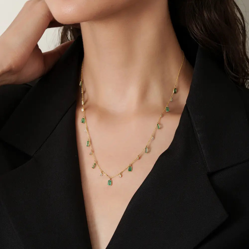Beautiful Design 14K Pure Yellow Gold Emerald & Diamond Charm Chain Necklace For Women