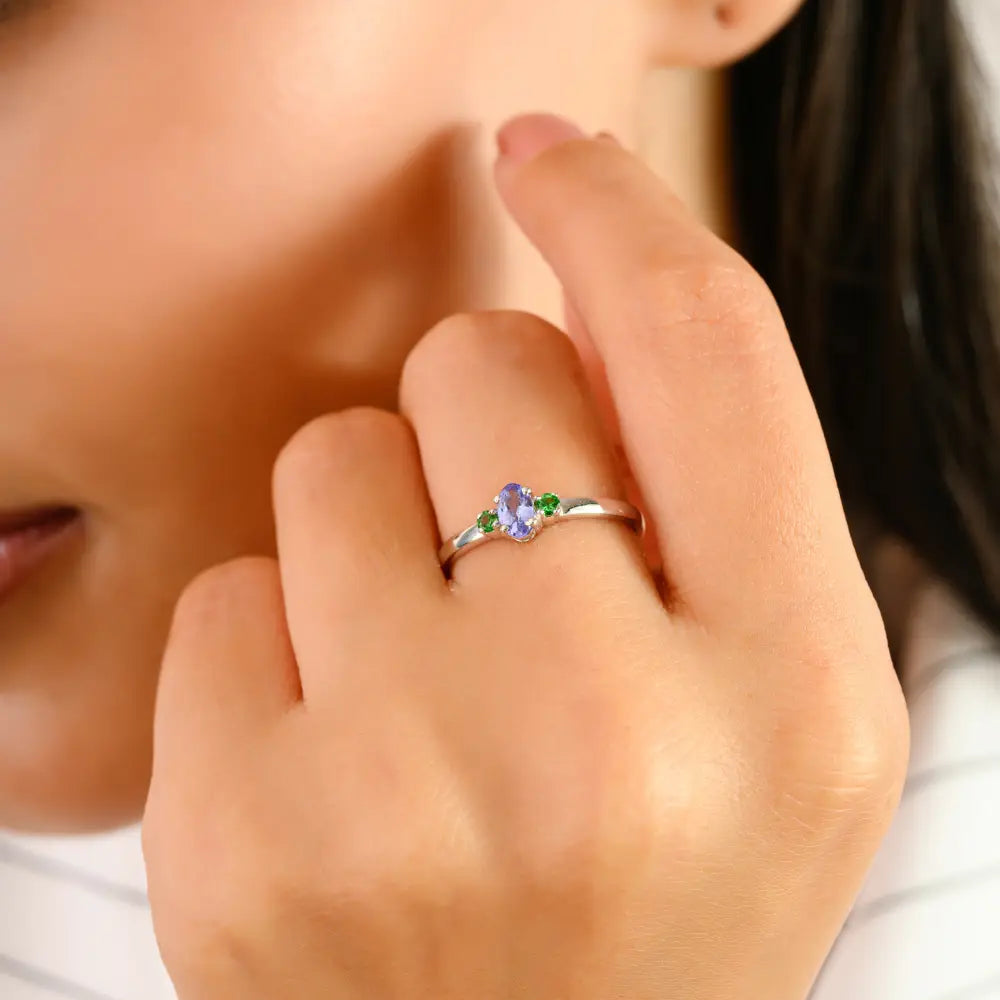 Dainty Minimalist Tanzanite & Tsavorite Three Stone Ring Solid K14 White Gold Everyday Jewelry