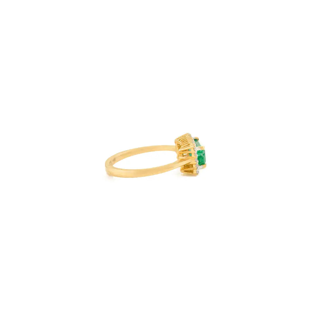 Horizontal Emerald & Diamond Halo Engagement Ring Solid K14 Yellow Gold Women Jewelry