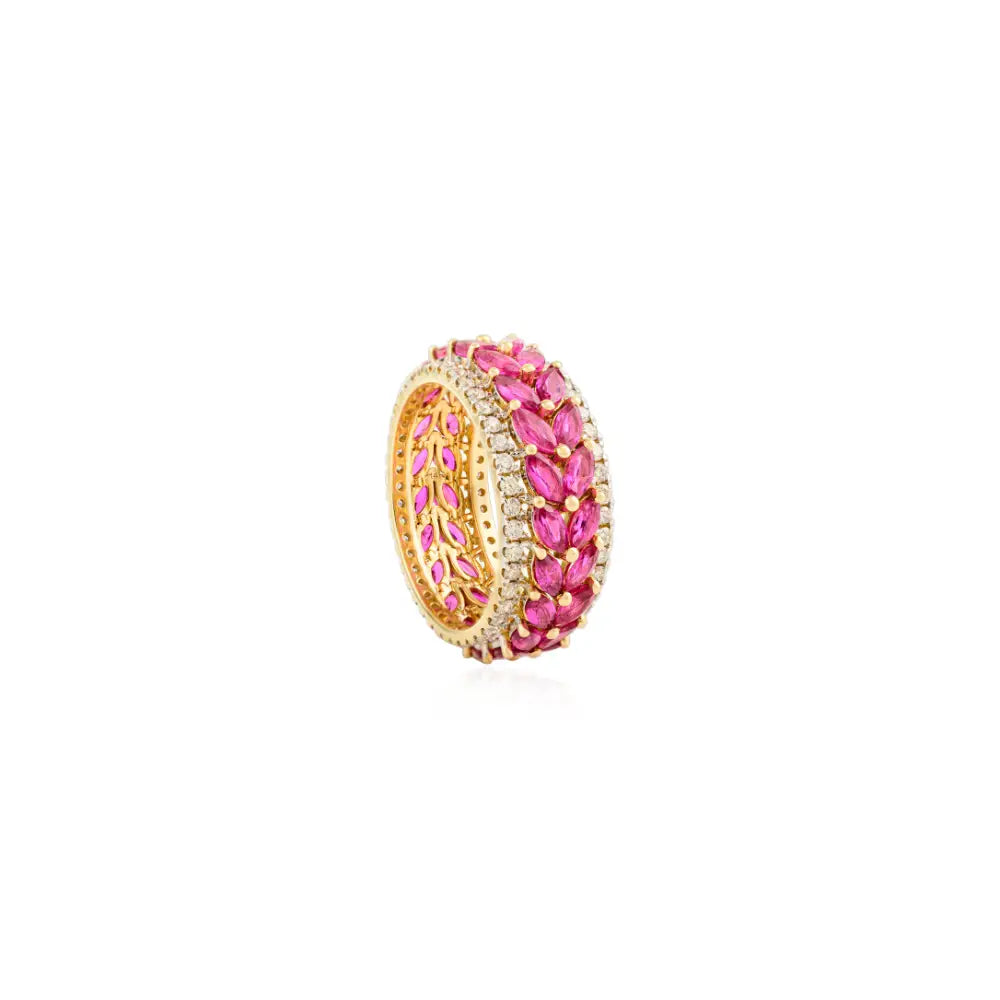 100% Authentic Ruby & Diamond Real 14K Yellow Gold Wedding Band Ring Women Jewelry