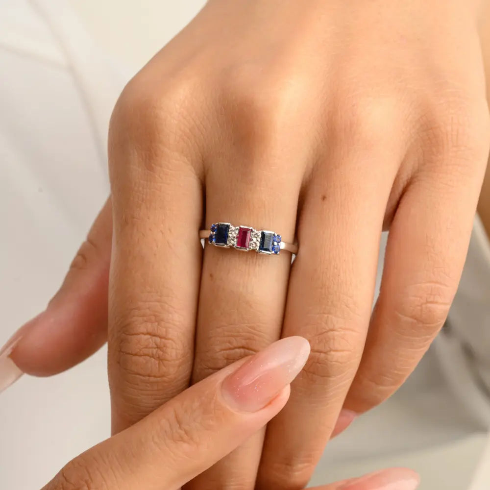 Birthstone Jewelry Natural Ruby, Sapphire & Diamond 14K Solid White Gold Ring
