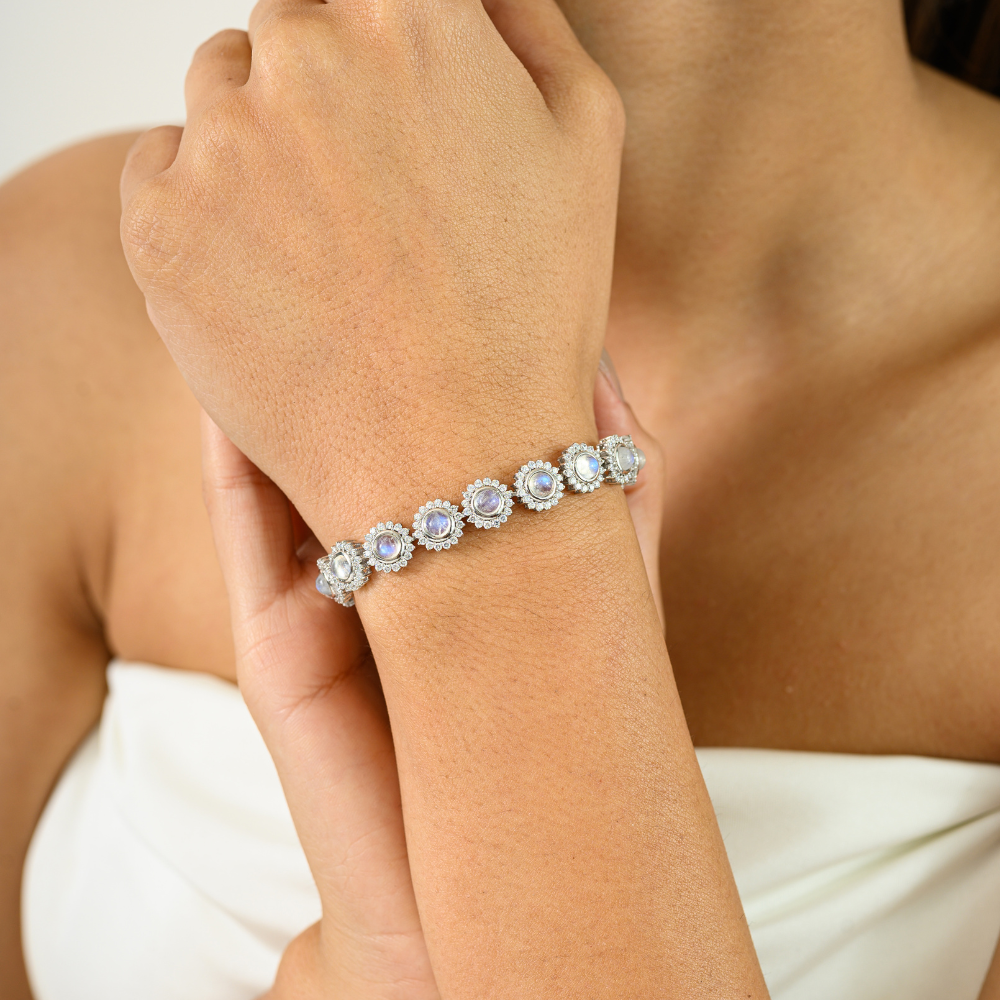 Elegant & Classic Jewelry Genuine Moonstone & American Diamond Round Flower Bracelet