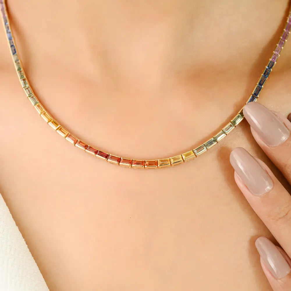 Colorful Gemstone Multi Sapphire Half Bezel Set Stack Tennis Necklace Real K14 Yellow Gold