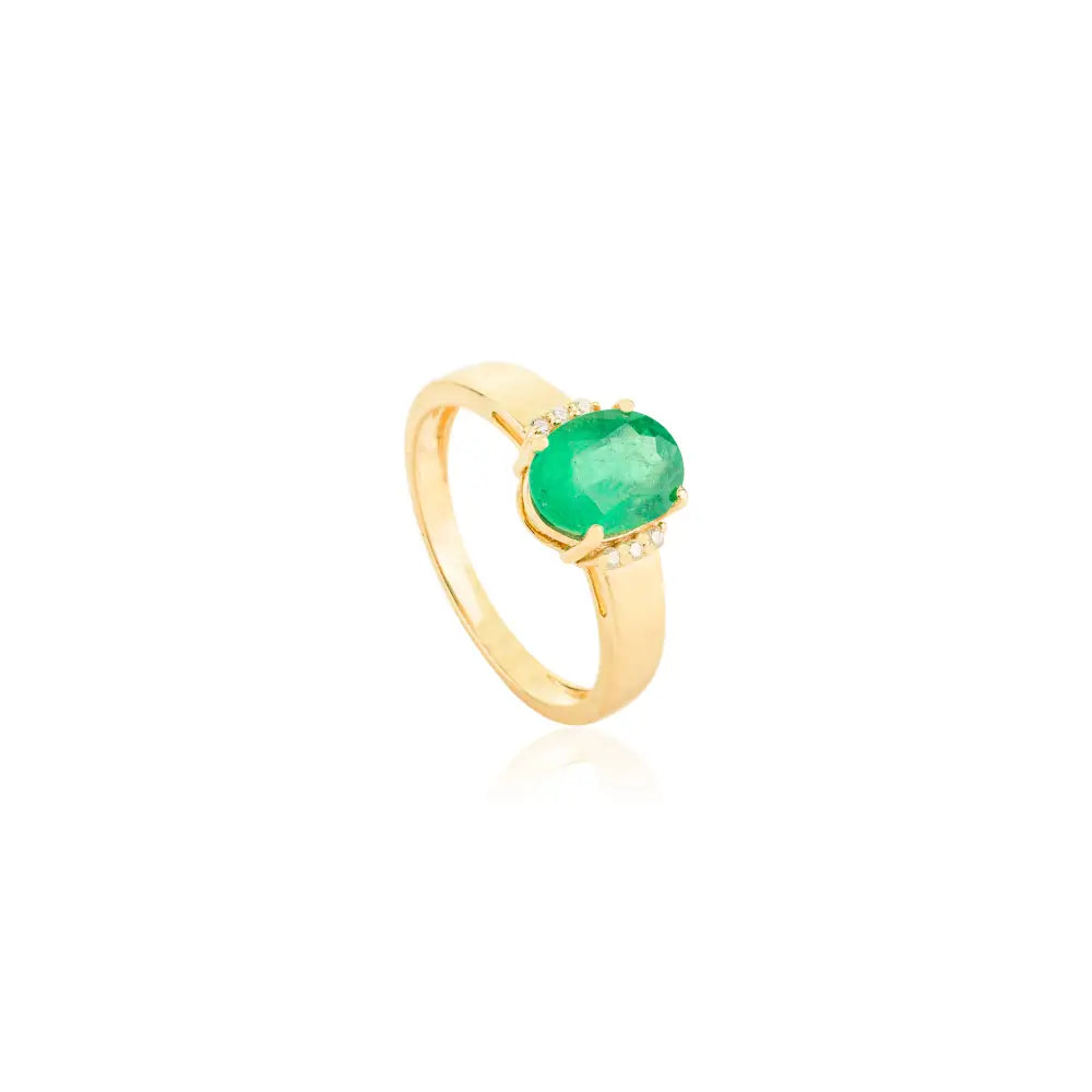 Real 14K Yellow Gold Oval Shape Emerald & Round Cut Diamond Gemstone Ring Fine Jewelry