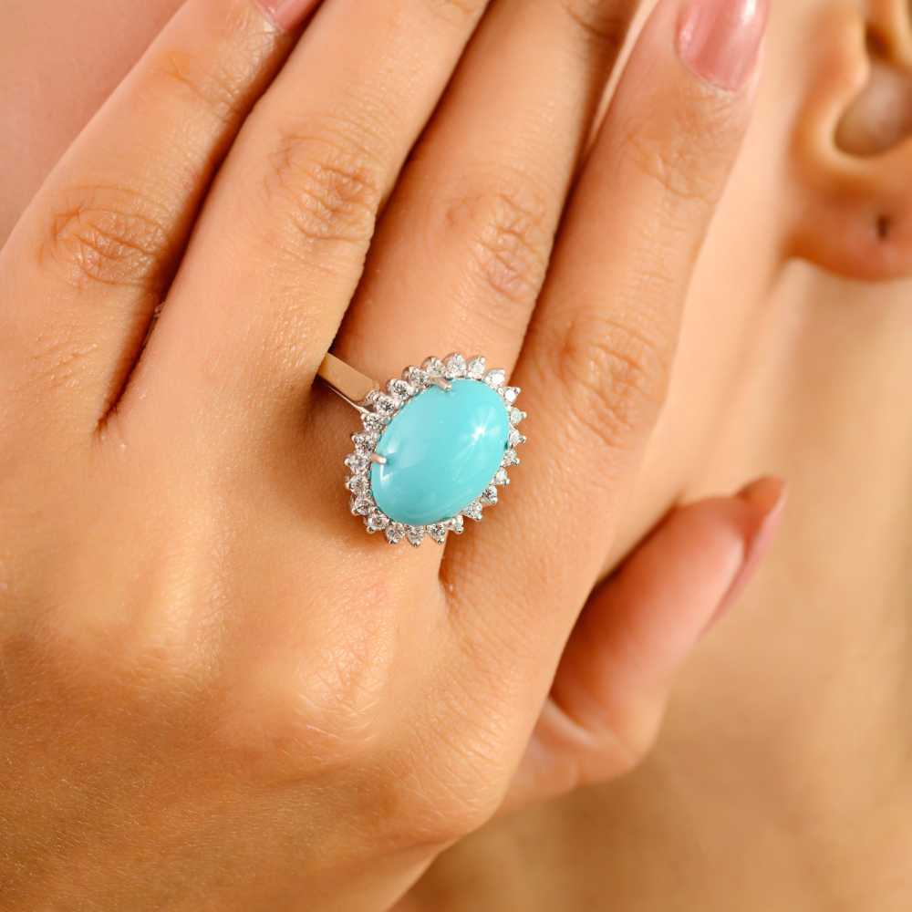 December Birthstone Genuine Turquoise & American Diamond Cluster Ring High Grade Jewelry