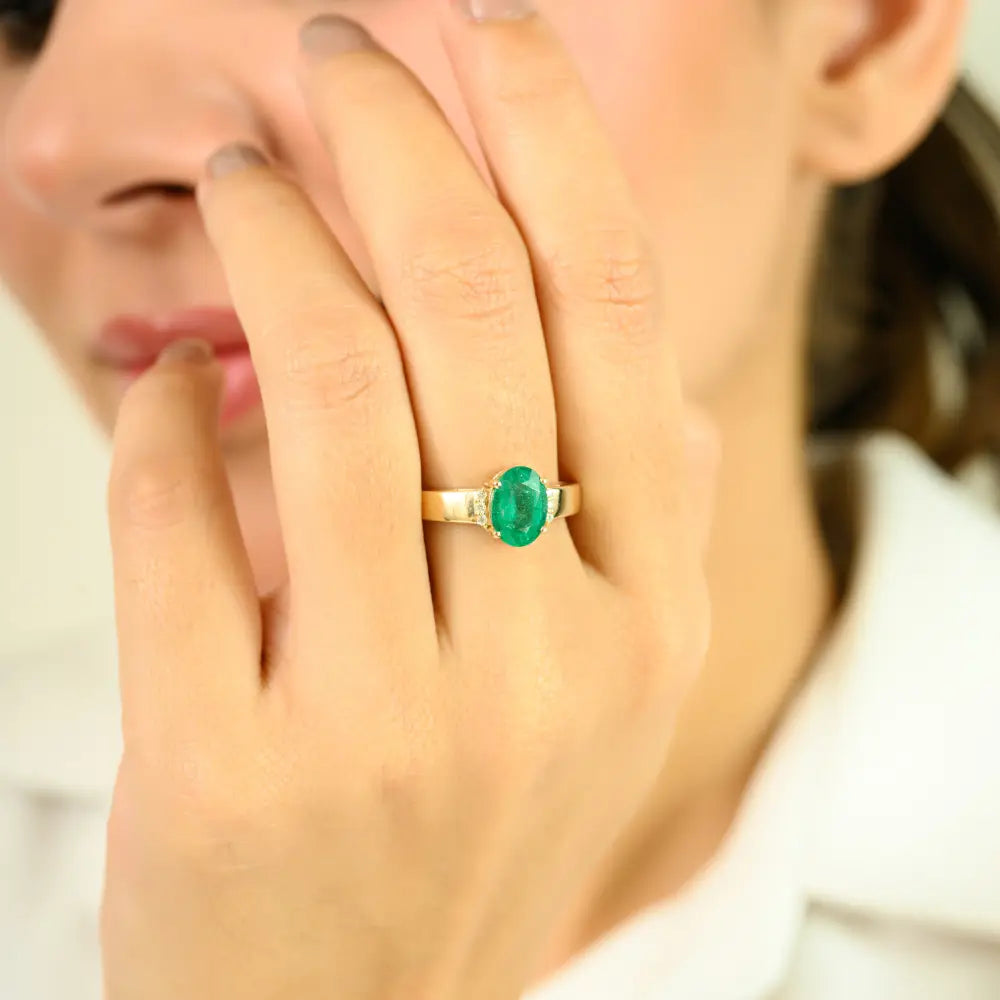 Real 14K Yellow Gold Oval Shape Emerald & Round Cut Diamond Gemstone Ring Fine Jewelry